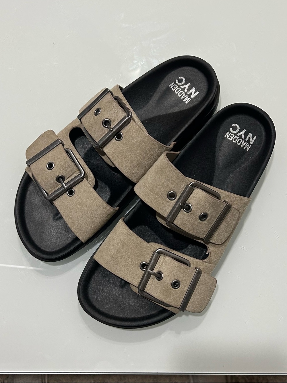 Madden NYC Taupe Double-Buckle Slide Sandals